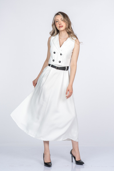 MissVina Trendy Suit Jacket, Collared Lined Vest and Belted Midi Skirt Set 1156
