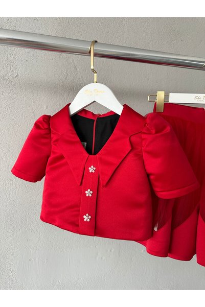 She Dress By Kubra Aksoy Shedress Girls' Red Tulle Skirt Set – Special Occasion Combination with Stylish Jacket
