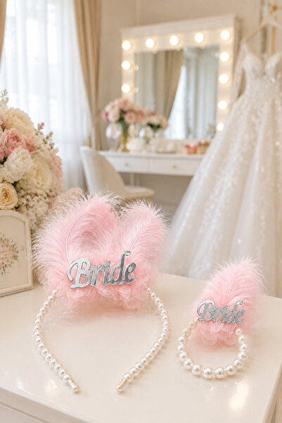 Happyland Pink Feathered Silver Bride Crown and Bracelet Set with Pearls, Bri...