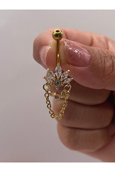 kurukafagift Zincir Sallantılı Zirkon Taşlı Göbek Çelik Piercing