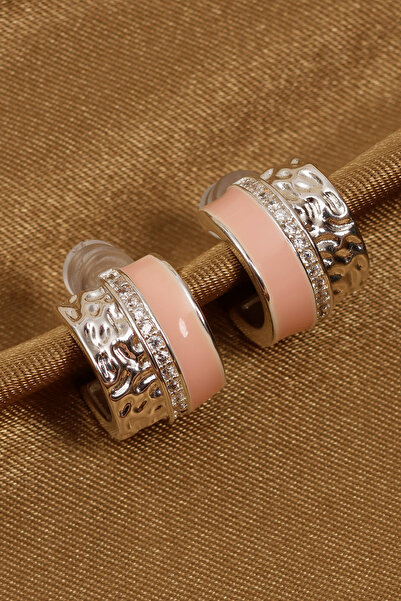 Süspüs Accessories أقراط دائرية من المينا الوردية والفضية بنمط مزخرف مع حجر ف...