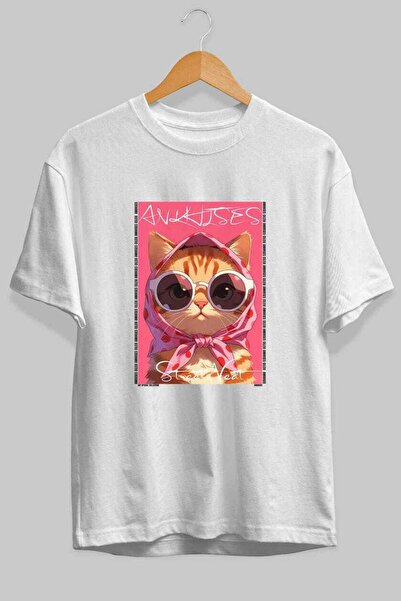 Ankhises For the Love of Cats 5 Front Cat Printed White Oversize T-Shirt 100%...