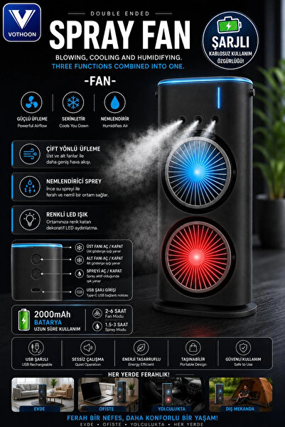 Vothoon Şarjlı Çift Başlıklı Sprey Fan Nemlendirici ve Renkli LED Işıklı
