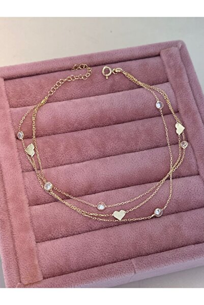 emy by emel luxury silver jewelry 925 Ayar Gümüş Üç Zincirli Kalpli Taşlı Hal...