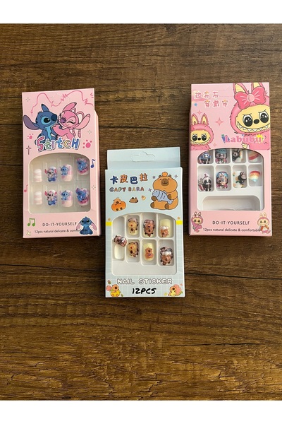 gülümse gel Kız Çocuk Takma Tırnak 3 Paket Kız Çocuk Tırnak Kapibara Labbubu ...
