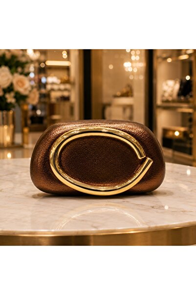 Marca Accessories Bronz Metalik Kadın Abiye Clutch Çanta Gold Detaylı Özel Ta...