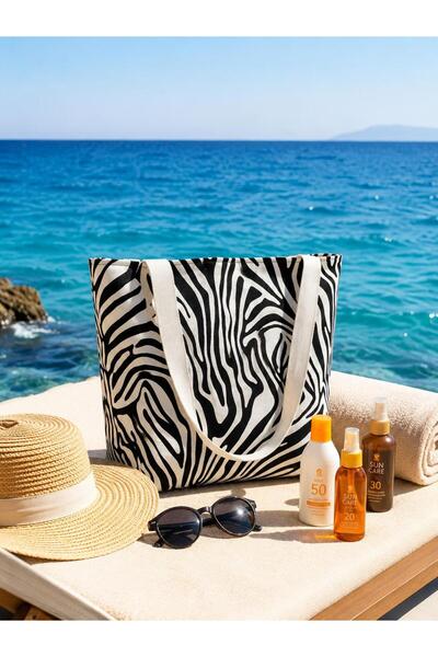Glcn (HandMade) Plaj Çantası Fermuarlı Zebra Desenli