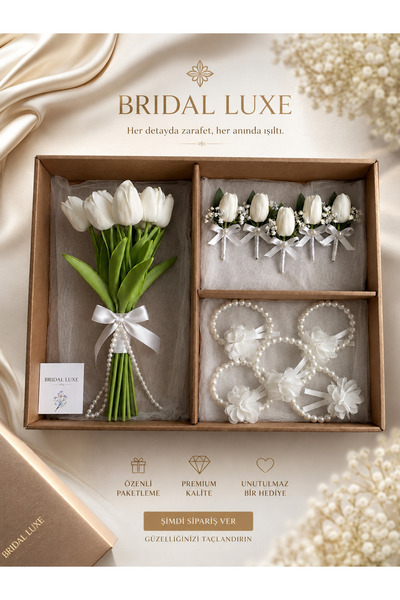Bridal Luxe Gelin Seti: 1 Gelin Çiçeği, 5 Nedime Bilekliği, 5 Yaka Çiçeği.