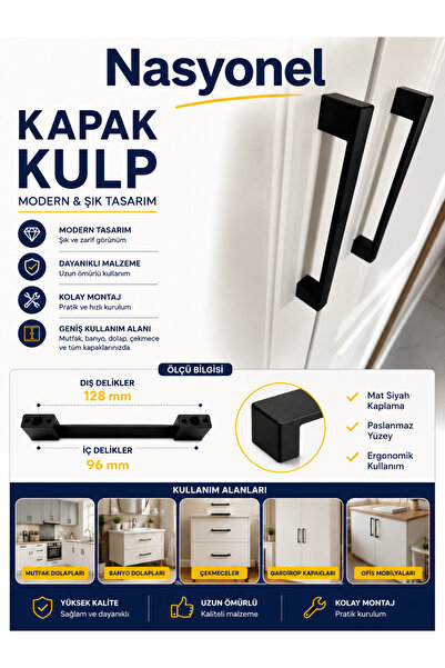 nasyonel Plastik Kulp Köprü Siyah 96mm & 128mm Çift Ölçü Kulp Dolap Kulp Çekm...