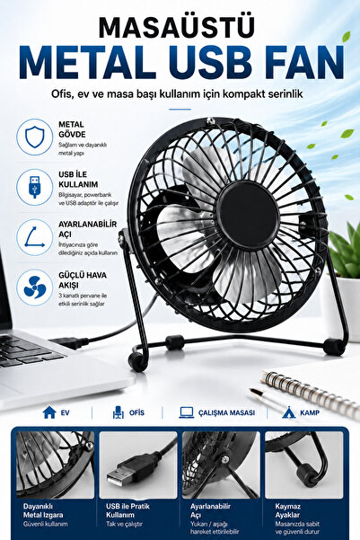 Ecuy Masaüstü Metal Siyah USB Fan 4 İnç Sessiz Mini Vantilatör Ayarlanabilir ...