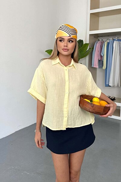 JEE LEE Kadın Kısa Kollu Düğmeli %100 Pamuklu Gömlek Sarı - 26Y 2132