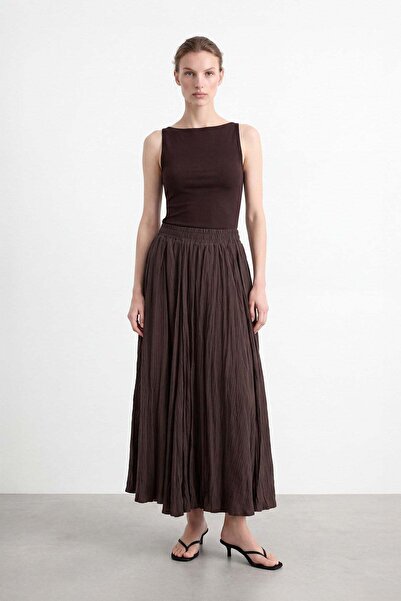 Puane Kadın Beli Lastikli Krinkıl Maxi Etek - 18302ETK - BROWN
