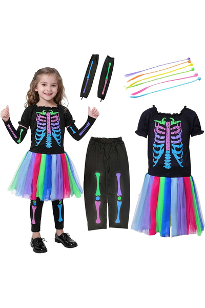 OEM Costum Halloween schelet pentru fete, Multicolor, Cu fustă tutu și acceso...