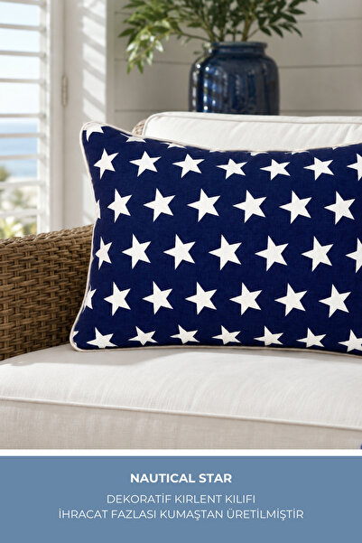 Ship Art Nautical Star Yıldızlı Lacivert Beyaz Biyeli 60X40 CM Kırlent Kılıfı...