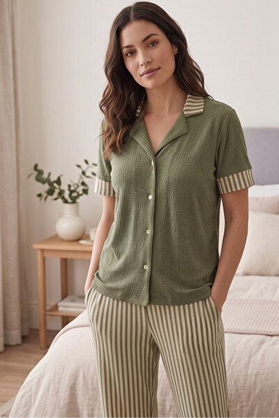 Striped Short Sleeve Khaki Pajamas Set, Striped Pajamas Set