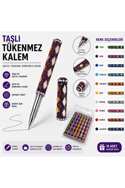 1DepoBu Taşlı Tükenmez Kalem Renkli Boncuk İşlemeli Kapaklı Kalem Hediyelik K...