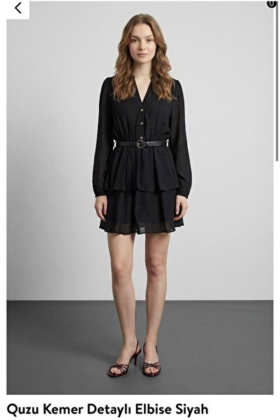Quzu Belt Detailed Mini Dress V-Neck Long Sleeve Layered Flounce Stylish Wome...