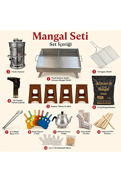 Zelega Mangal Seti Premium - 2 (Katlanabilir Mangal-Semaver-Sandalye ve Dahası)