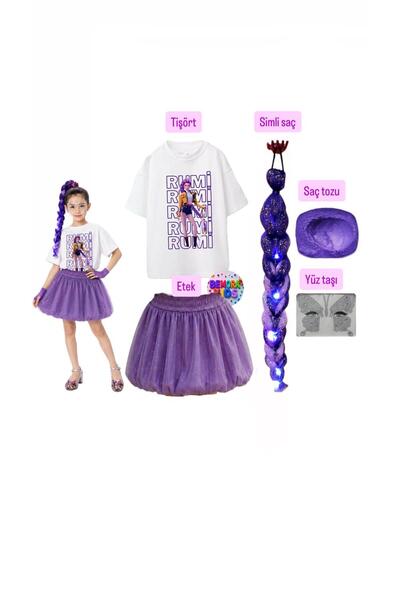 bemora kids kpop rumi baskılı huntrix iblis avcıları baskılı tişört + mor bal...