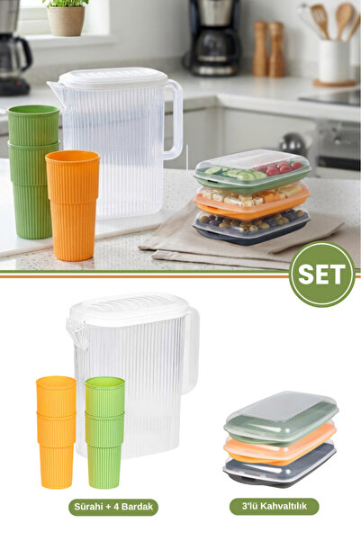 Flora 8 Parça Kahvaltı Piknik Seti, 3lt Sürahi ve 4 Adet 500ml Bardak + 3'lü ...