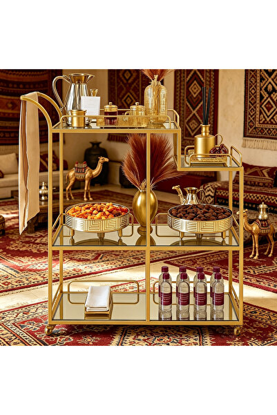 genric Gold Metal 4-Tier Glass Bar Trolley, Rolling Serving Cart with Lockabl...