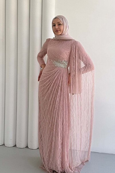 Modaensarbutik Taş İşlemeli Dantel Kumaş Pelerinli Tesettür Abiye Elbise-PUDRA
