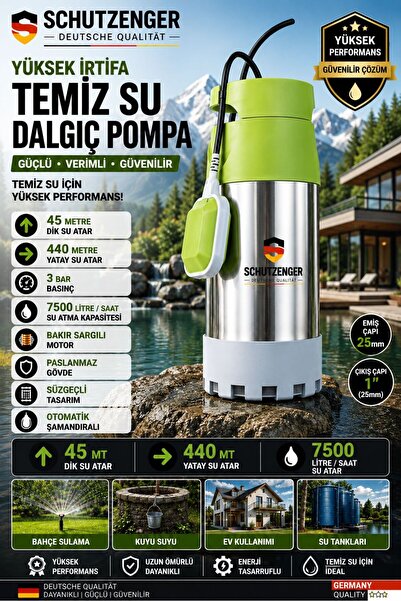 SCHUTZENGER 45Hx PASLANMAZ GÖVDE TEMİZ SU DALGIÇ POMPA 45mt DİK ATAR SU KUYUS...