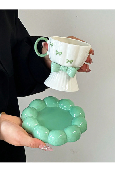 wafra store 3D Embossed Bow Design Ceramic Cup and Saucer Set - Mint Green
