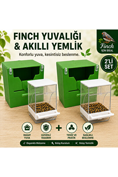 Finch Plastik Yuvalik 10 X 14 X 13 ( Yeşil V Agiz ) + Akıllı Yemlik x 2