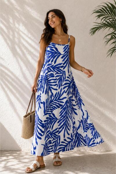 ASL WOMAN Leaf Patterned Strappy Loose Cut Maxi Dress