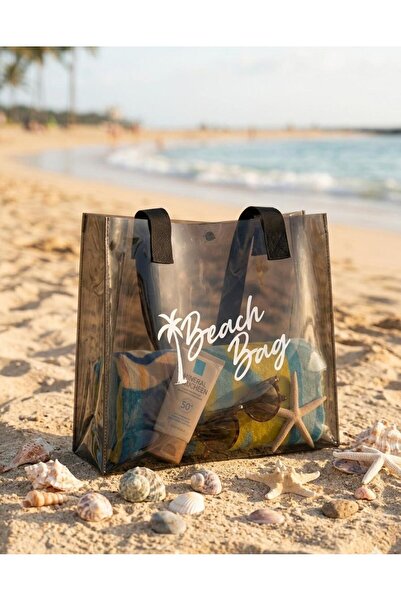 E evalupe Siyah Kadın Beach Bag Baskılı Şeffaf Plaj Çantası