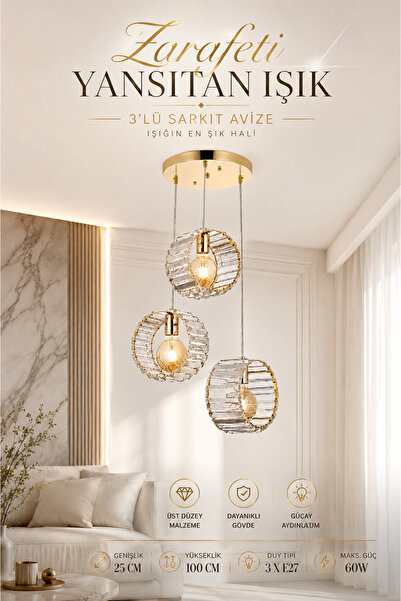 Elvora Home Modern (PREMİUM) Gold Camlı 3 x E27 Duyulu Dekoratif Salon Mutfak...