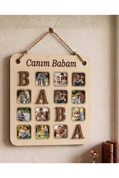 ih ihra Babaya Özel 12 Fotoğraflı Ahşap Anı Panosu - Dekoratif Duvar Dekoru -...