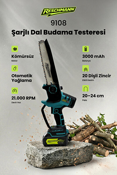 R-9108 Profesyonel Kömürsüz Motor Şarjlı Dal Budama Testeresi - 21V 3Ah Çift Bataryalı, Otomatik Yağlamalı