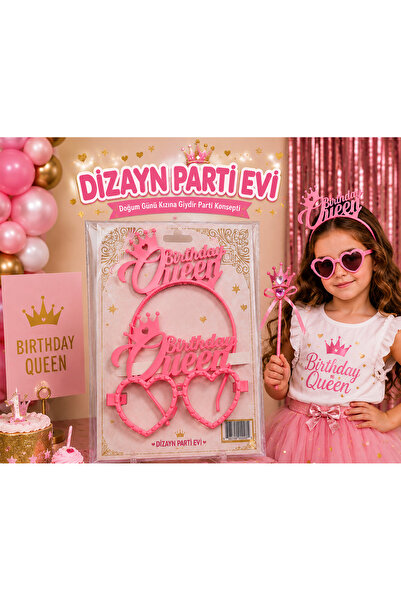 Dizayn Parti Evi Birthday Queen Taç ve Kalp Gözlük Seti Siyah Gümüş Gold Sarı...