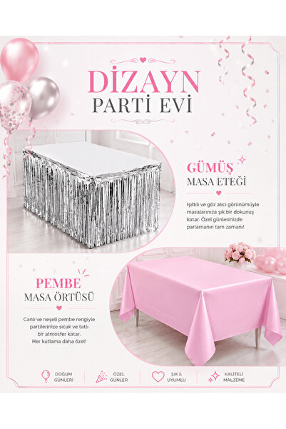 Dizayn Parti Evi Gümüş Masa Eteği ve Pembe Masa Örtüsü Seti Parti Masa Dekora...