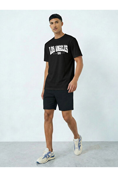 Take Two By Styli Men Black Graphic Print Short Sleeve T-Shirt and Shorts Co-...
