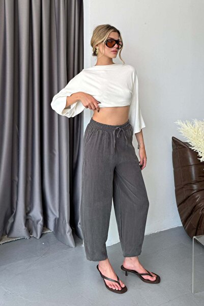 GİYSA Women's Adjustable Waist Double Pocket Carrot Cut Pants Smoked - Ms001529