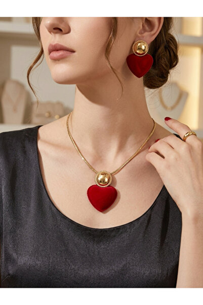 Take Two By Styli Red Heart Pendant Necklace with Earrings Set