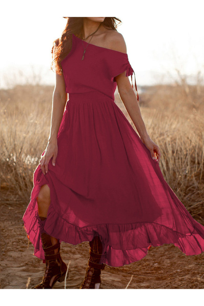 Take Two By Styli Burgundy Ruffled Hem One Shoulder Maxi Dress