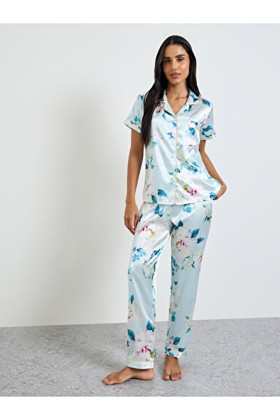 Take Two By Styli Blue Satin Floral Shirt and Pyjama Set
