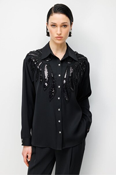 Moda İlgi Aplikeli Oversize Gömlek 10121 Siyah