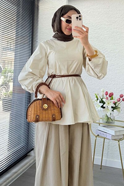 MELEK ARAZ Premium patchwork bluza od poplina sa balon rukavima i volanom - bež