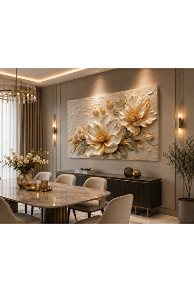 EvimeTablo Beyaz Çiçekler Kanvas Tablo Altın Detaylı Modern Floral Duvar Deko...