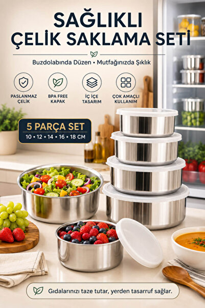 Anadolu Saray 5 Parça Paslanmaz Çelik Kapaklı Saklama Kabı Seti İç İçe Geçebi...
