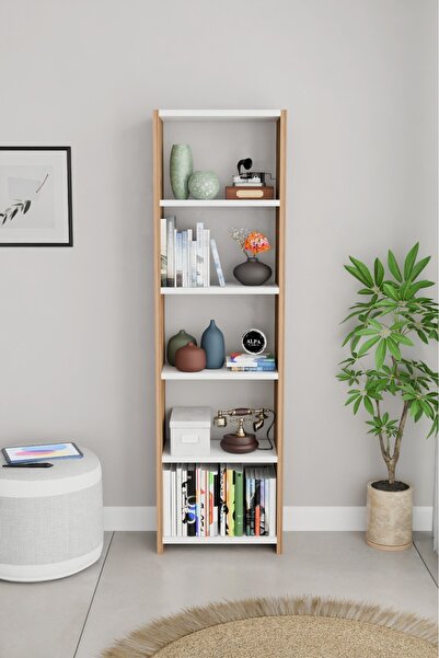 alpaevmobilya Ahşap 5 Raflı 150 Cm Çok Amaçlı Açık Kitaplık Dekoratif Salon R...
