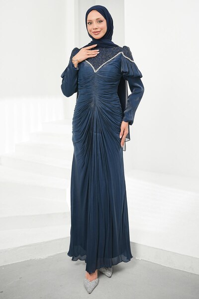 İmajButik Navy Blue Janjan Evening Dress with Gathered Front and Shoulder Detail