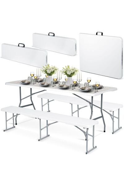 Plonos Set catering: masă pliabilă de grădină + 2 bănci, 180 cm, alb