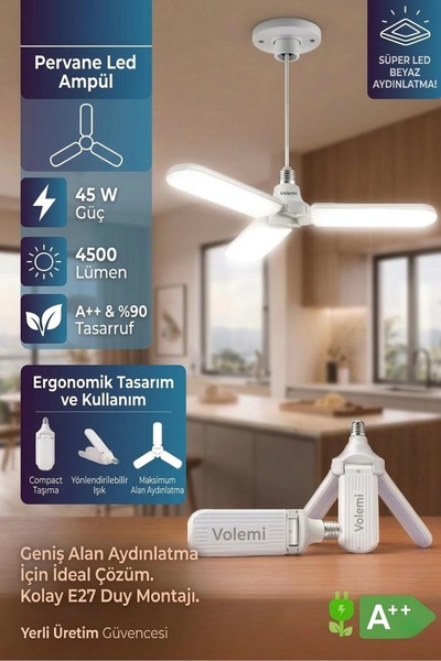 Hanedanev 45w Ampul 3 Kanatlı %90 tasarruflu 4.500 Lümen Led Aydınlatma Beyaz...