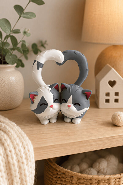 MYCRAFT3D 3D Baskı Çift Kedi Kalpli Aşk Figürü Sevgili Hediyesi Dekoratif Bib...